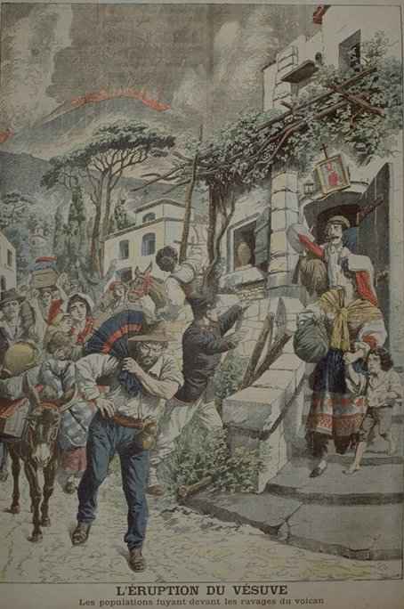Gravure couleur du Petit Journal. fuite devant l'ruption du Vsuve. Photo Dominique Decobecq
